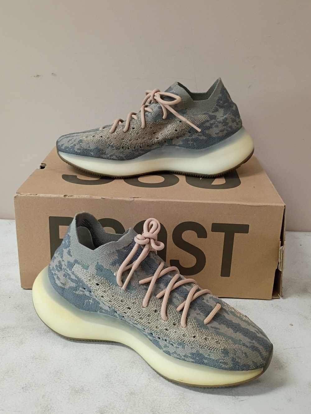 adidas Women's Knit Sneakers in Gray with Cream Sole and Pink Laces